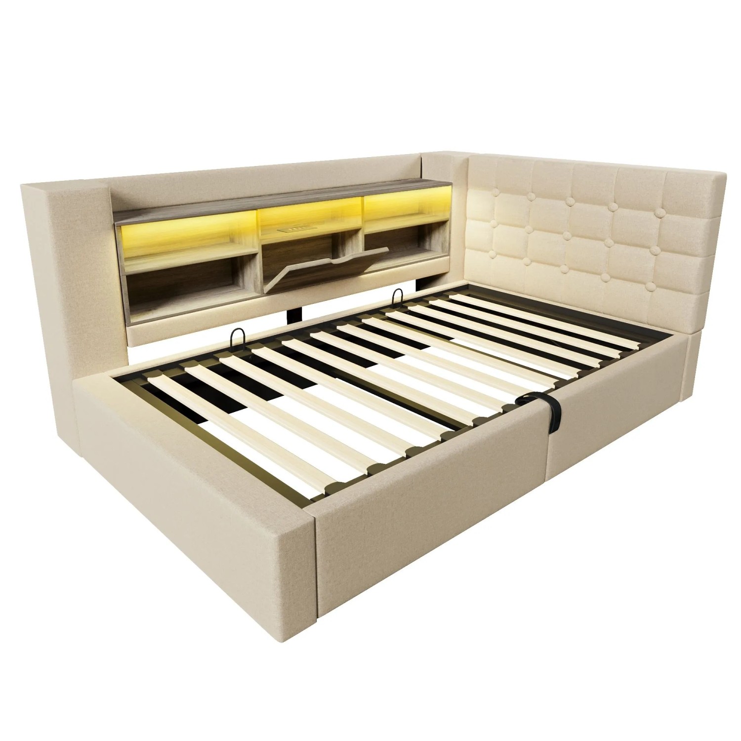 Merax Polsterbett 90x200cm LED Hydraulik Stauraum Beige