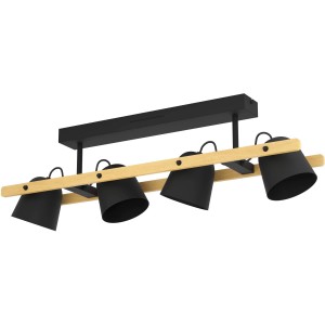 Moderne Eglo LED Deckenleuchte Hornwood-Z mit vier schwarzen Spots und Holzrahmen.