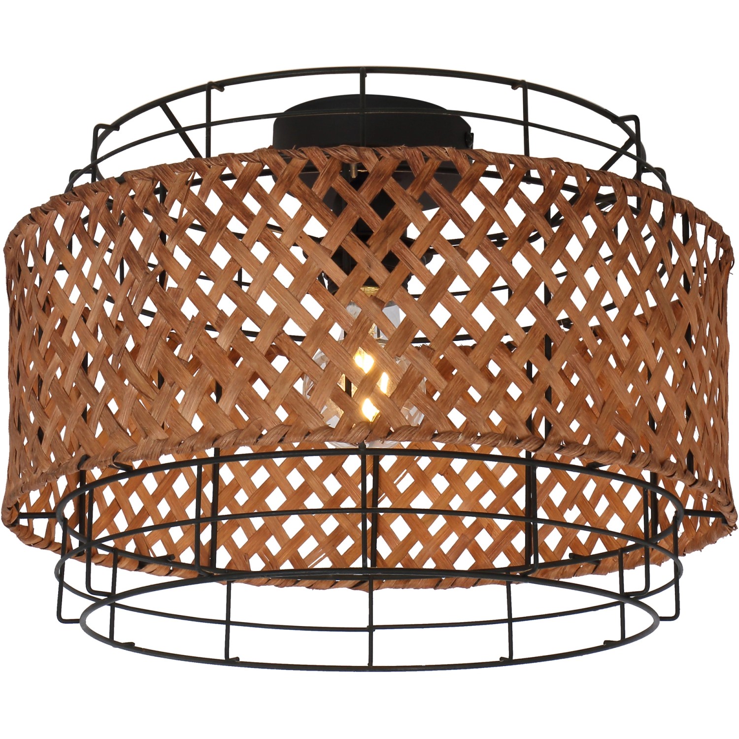 Globo Deckenleuchte Gina, Ø 35cm, Metall schwarz, Bambusgeflecht. Vintage Design für Innenräume.