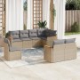 Beige 8-tlg. Garten-Sofagarnitur aus Polyrattan mit grauen Kissen für Terrasse und Garten.