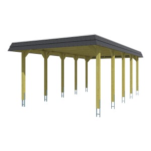 Skan Holz Walmdach-Carport Spreewald mit schwarzer Blende, Holzkonstruktion mit Aluminiumplatten.
