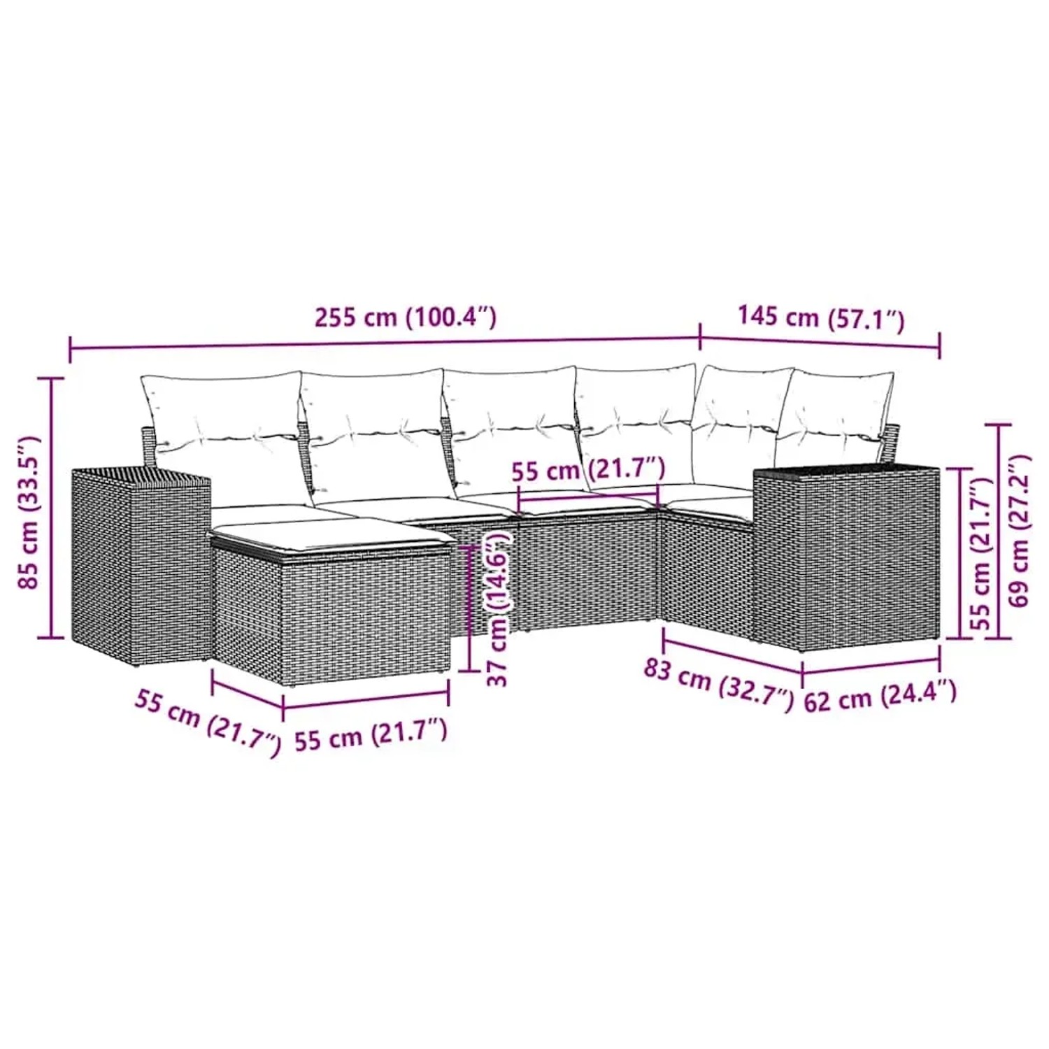 vidaXL Garten-Sofagarnitur, 6-teilig, hellgraues Poly Rattan mit Kissen, Maße eingezeichnet.