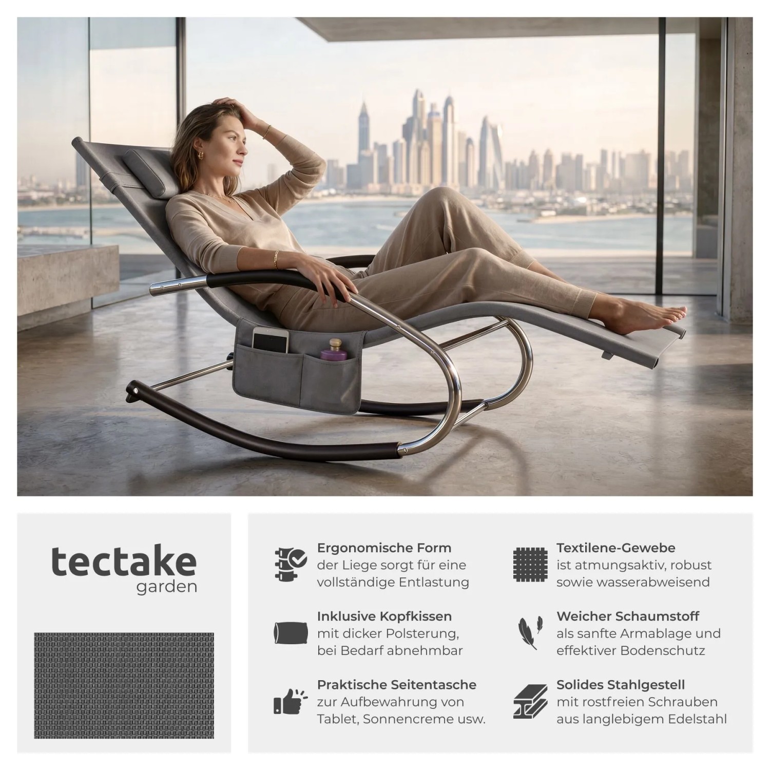 Tectake Gartenliege Taya Ergonomisch  Mit Komfort Schwingbewegung Geschwungene Armlehnen Mit Schaumstoffpolsterung Pro Stück 142 x 62 x 92 cm Grau_2