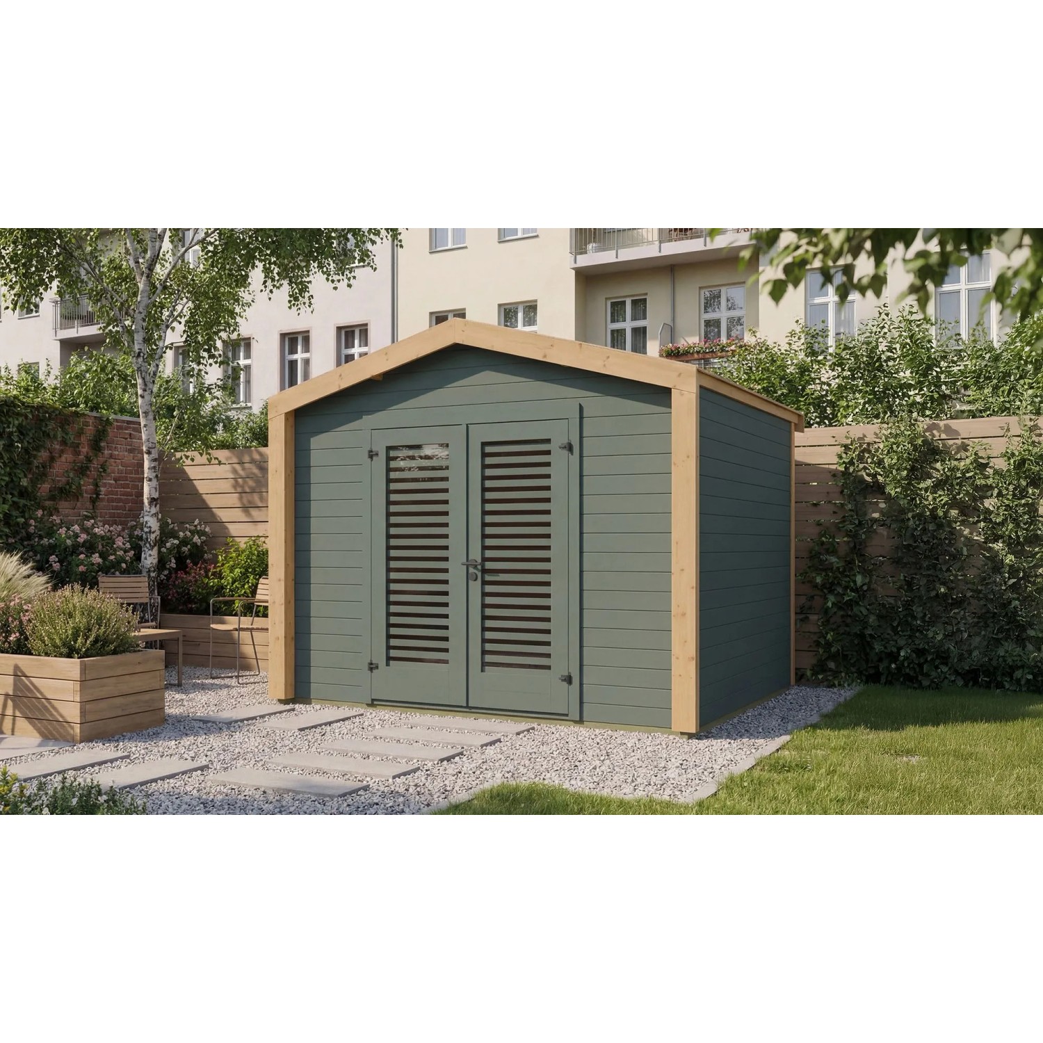 Weka Holz-Gartenhaus Killarney Satteldach Grau-Grün Lasiert 311 cm x 313 cm