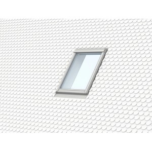 Velux Dachfenster mit Eindeckrahmen für Biberschwanz-Doppeldeckung auf weißem Dach.