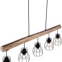 Globo Pendelleuchte Mina mit Holzbalken und 5 schwarzen Lampenschirmen in Gitterform.