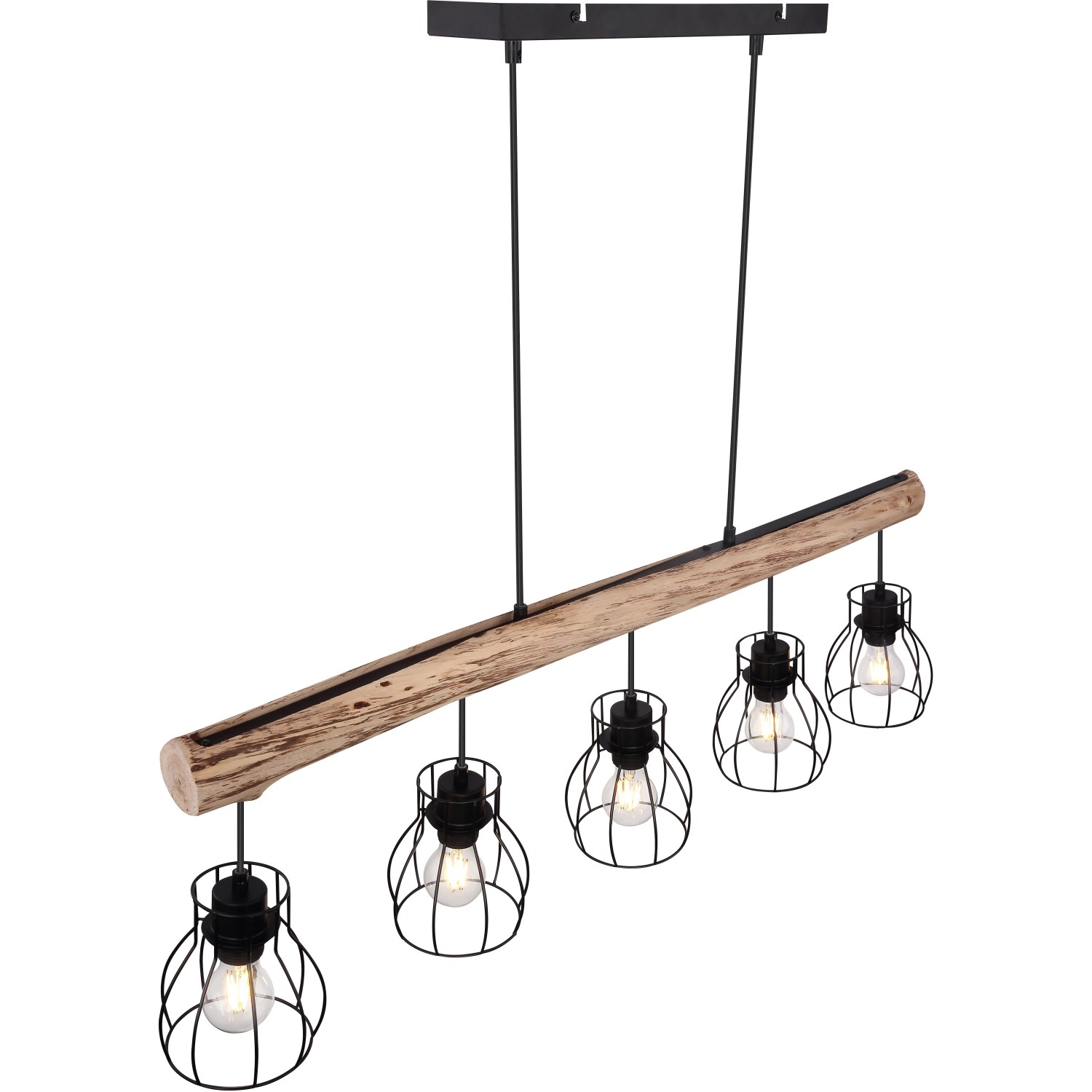 Globo Pendelleuchte Mina mit Holzbalken und 5 schwarzen Lampenschirmen in Gitterform.