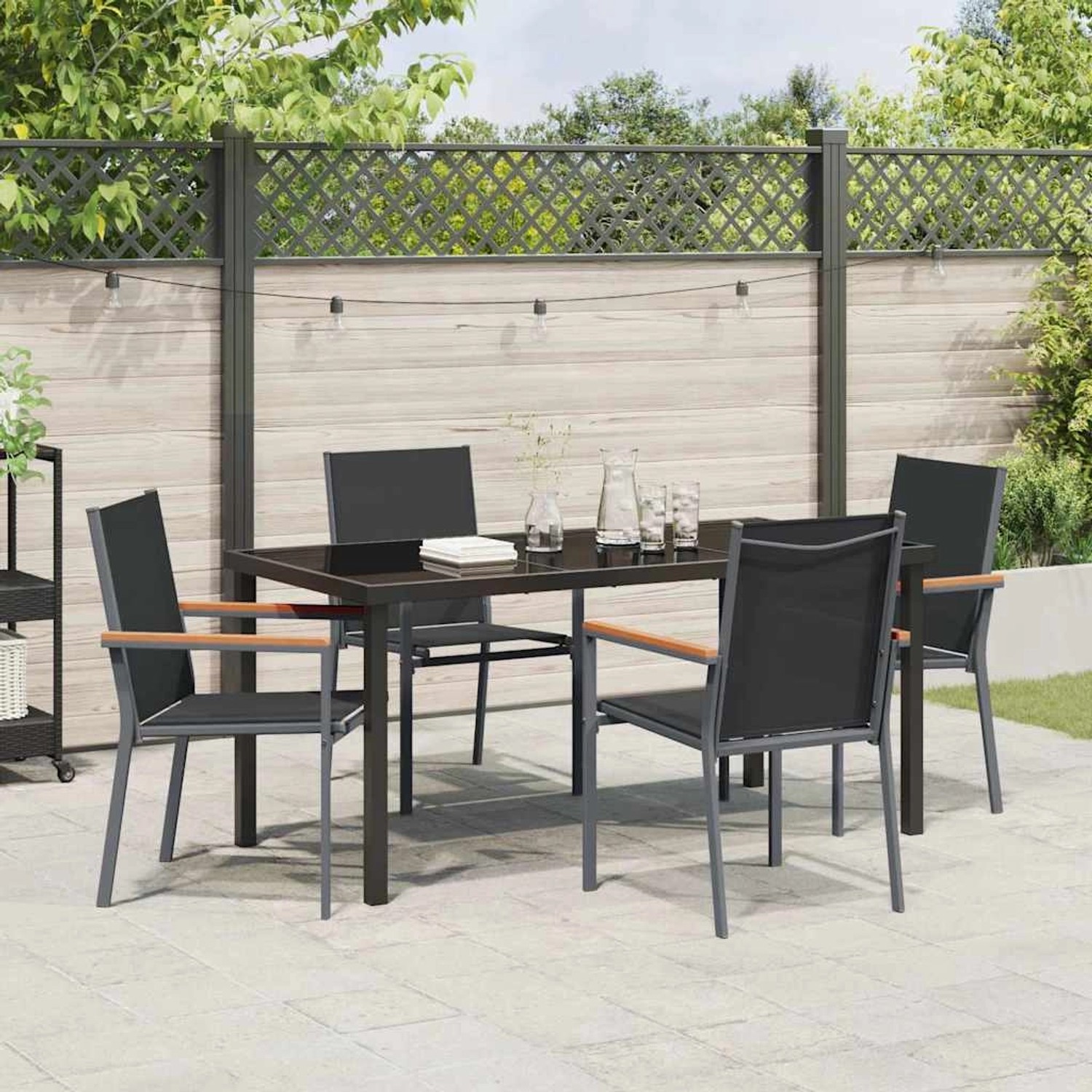 Schwarzes 5-teiliges Garten-Esszimmer-Set aus Textilene und Stahl. Gartenmöbel für Terrasse und Balkon.