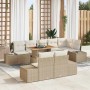 Beiges 9-teiliges vidaXL Garten-Sofa-Set aus Poly Rattan mit Tisch und Stauraum.