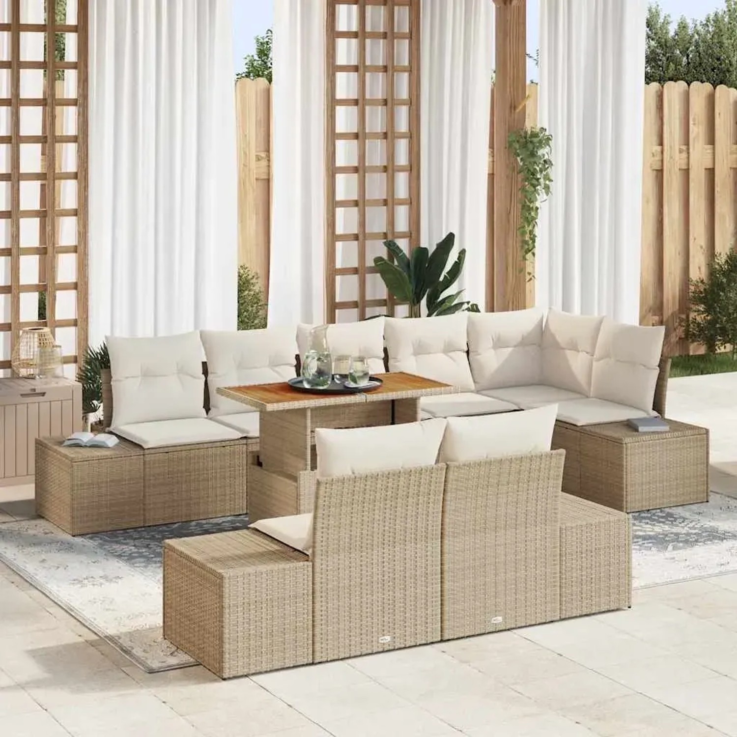 Beiges 9-teiliges vidaXL Garten-Sofa-Set aus Poly Rattan mit Tisch und Stauraum.