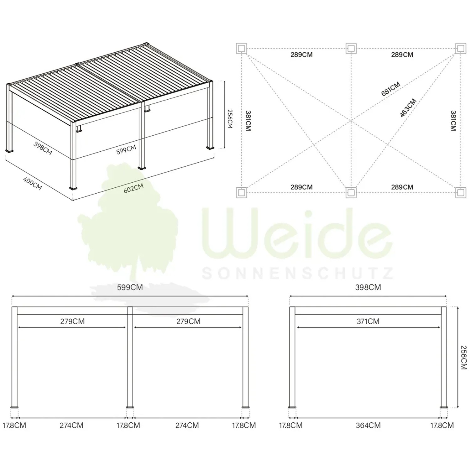 Skizze der Weide Deluxe Plus Aluminium Pergola 4x6m mit LED, Maße und Details für Pavillon.