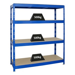 Blaues PROREGAL Schwerlastregal Rhino mit 4 Spanplatten-Ebenen und Gewichten zur Demonstration der Fachlast.