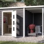 Modernes, anthrazitfarbenes Weka Holz-Gartenhaus mit Anbau und geöffneter Doppeltür.