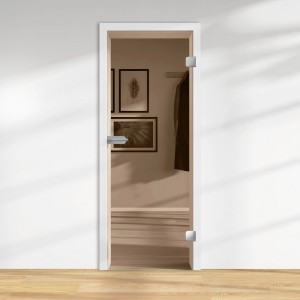 Glasdrehtür ESG Bronze, DIN links/rechts, 1972x709x8 mm, mit Beschlägen in weißer Zarge.