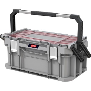 Keter Connect Cantilever Werkzeugbox, grau, mit Tragegriff und Fächern für Werkzeug und Zubehör.