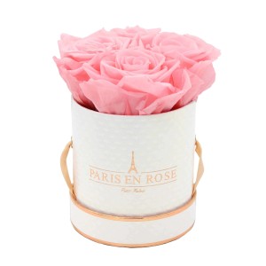 Rosenbox Weiß-Roségold mit 4 rosa Rosen. Elegantes Blumengeschenk für jeden Anlass.