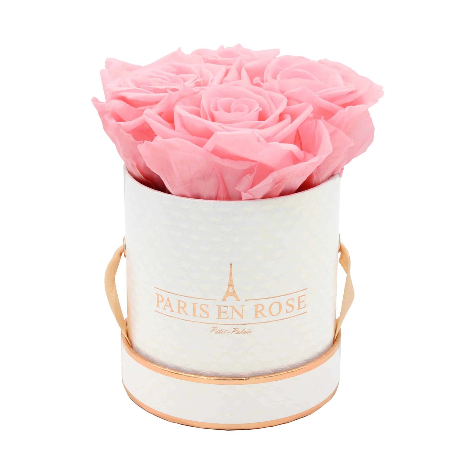 Rosenbox Ø 10 cm Weiß-Roségold Deluxe mit 4 Rosa Rosen