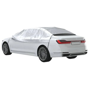 Silberne vidaXL Auto Halbgarage M aus PEVA schützt Auto vor Frost und UV-Strahlen.
