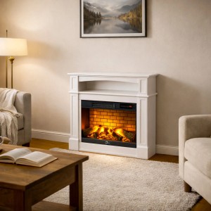 Weißer Sannover Sifora Elektrokamin mit realistischem Flammeneffekt im Wohnzimmer. 2000 W Heizleistung, elegantes Design.
