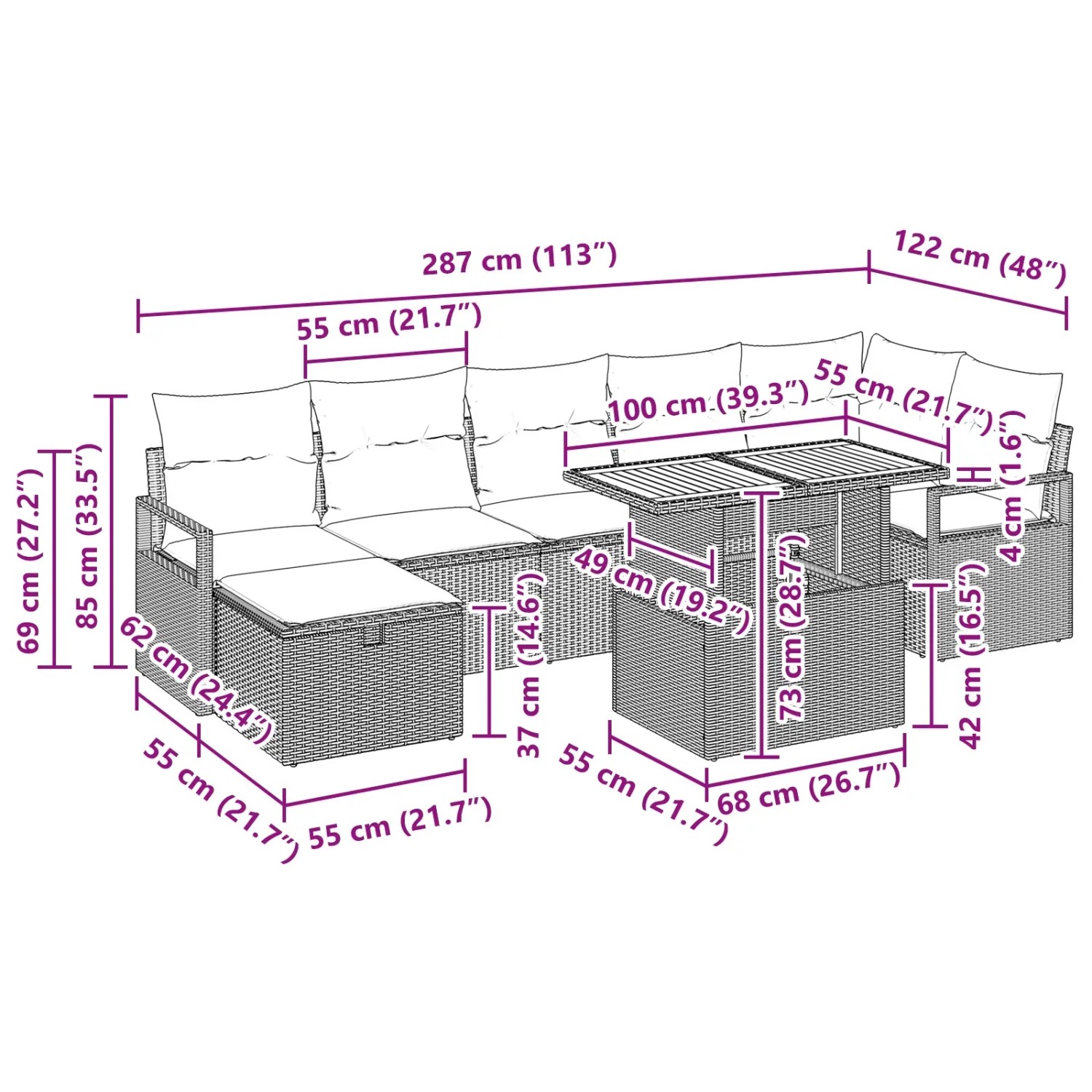 vidaXL Gartenmöbel Set, 8-teilig, Schwarz, Poly Rattan, mit Sofa, Sesseln, Hocker und Tisch. Abmessungen siehe Bild.