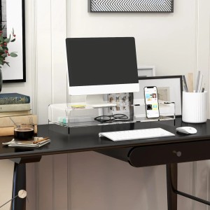 HOMCOM Monitorständer aus Acryl mit Staufach unter Monitor auf Schreibtisch.