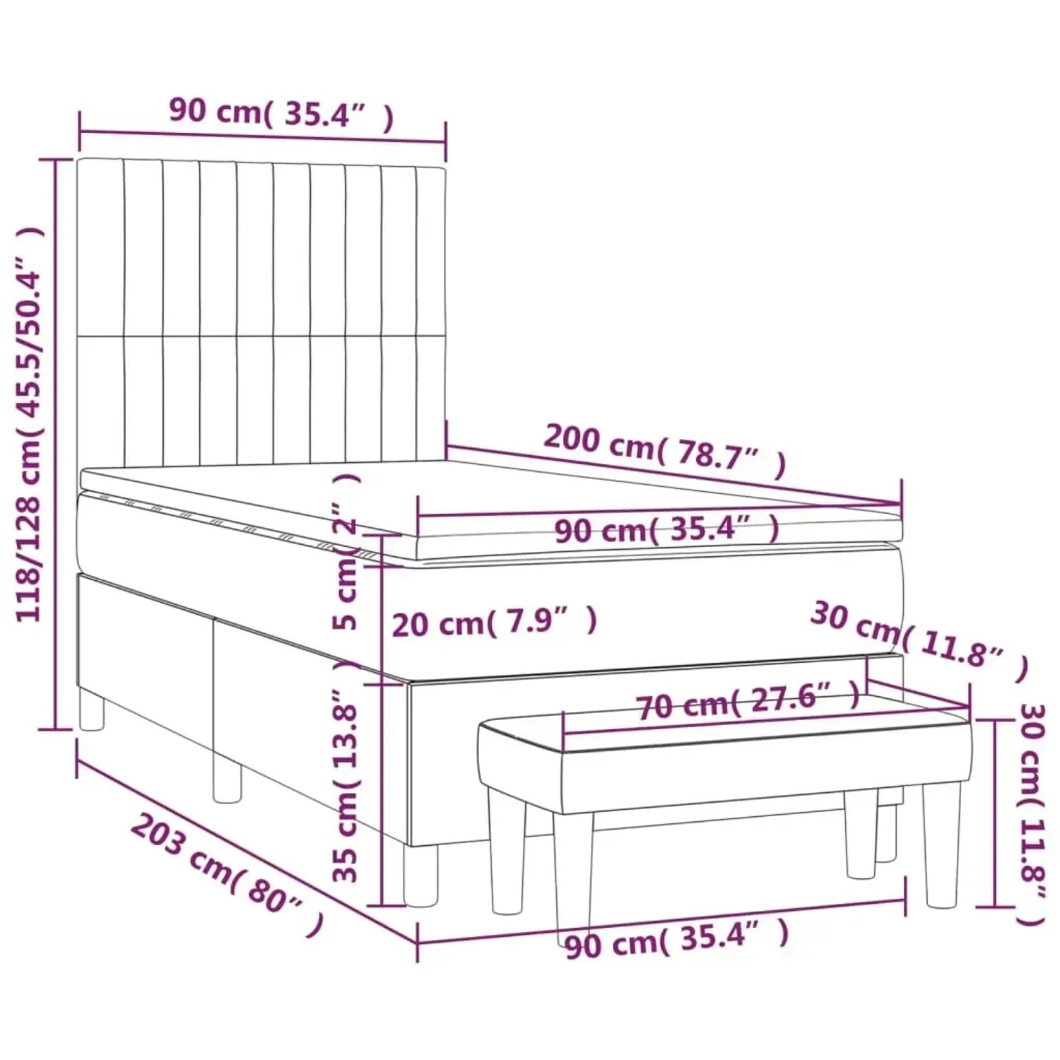 Schwarzes Boxspringbett 90x200 cm mit Matratze und Bank, Stoffbett für Schlafzimmer.