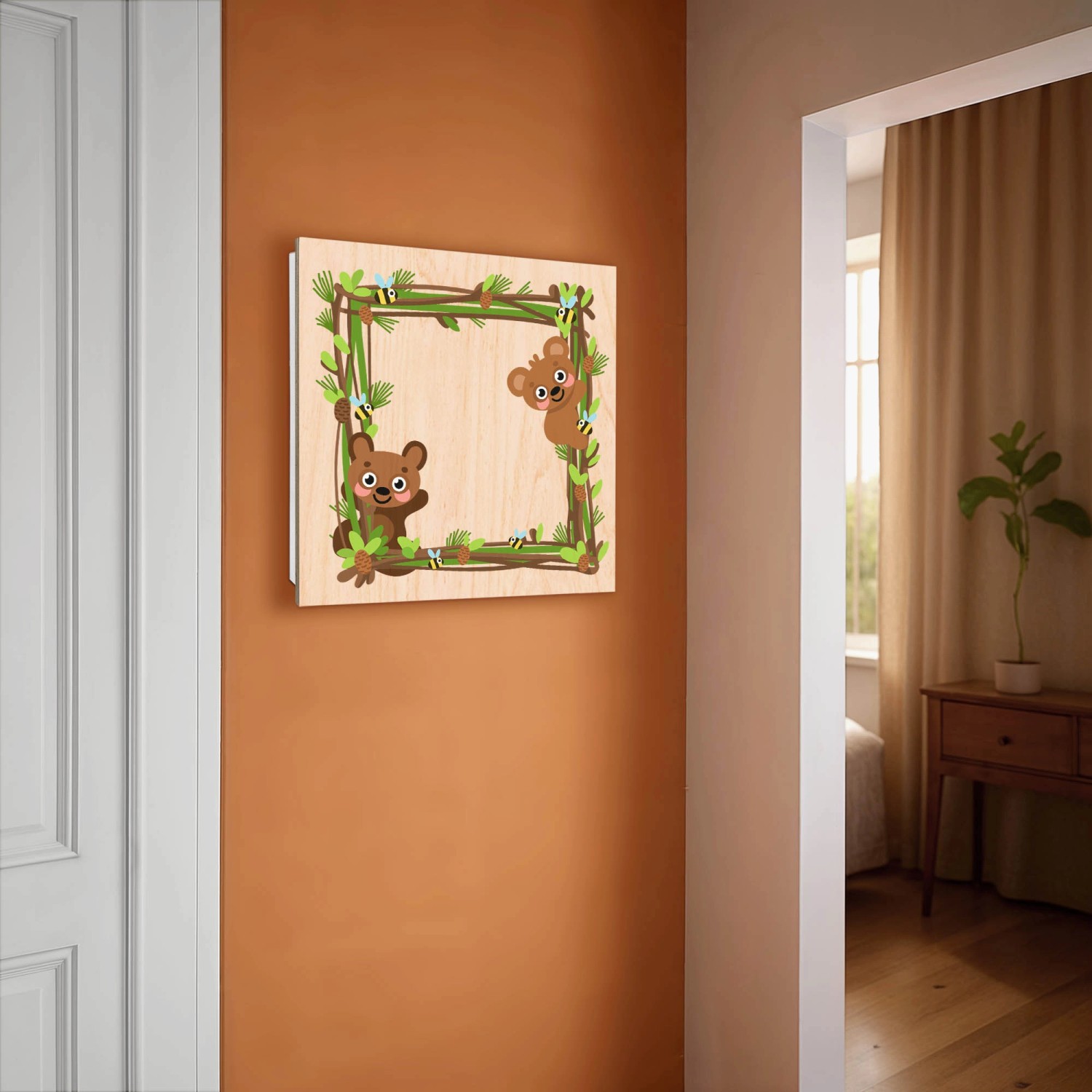 Weißer Banjado Schlüsselkasten mit Waldtier-Motiv, Holzfront, 50 Haken, links angeschlagen.