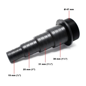 Schwarze Sunsun Stufentülle für Poolpumpe/Filteranlage mit Schlauchanschlüssen von 19-38mm und 47mm Gewinde.