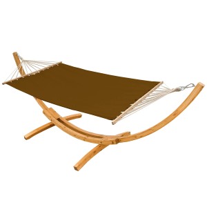 AMANKA Hängematte mit braunem Tuch und Holzgestell. Sonnenliege für Garten und Terrasse.