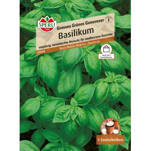 Sperli Basilikum Genoveser Kräutersamen Packung mit grünen Blättern.