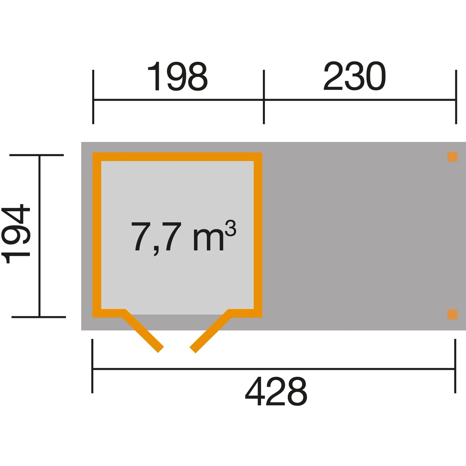 Grundriss Weka Holz-Gartenhaus Pesaro mit Flachdach, 428x237 cm, unbehandelt.