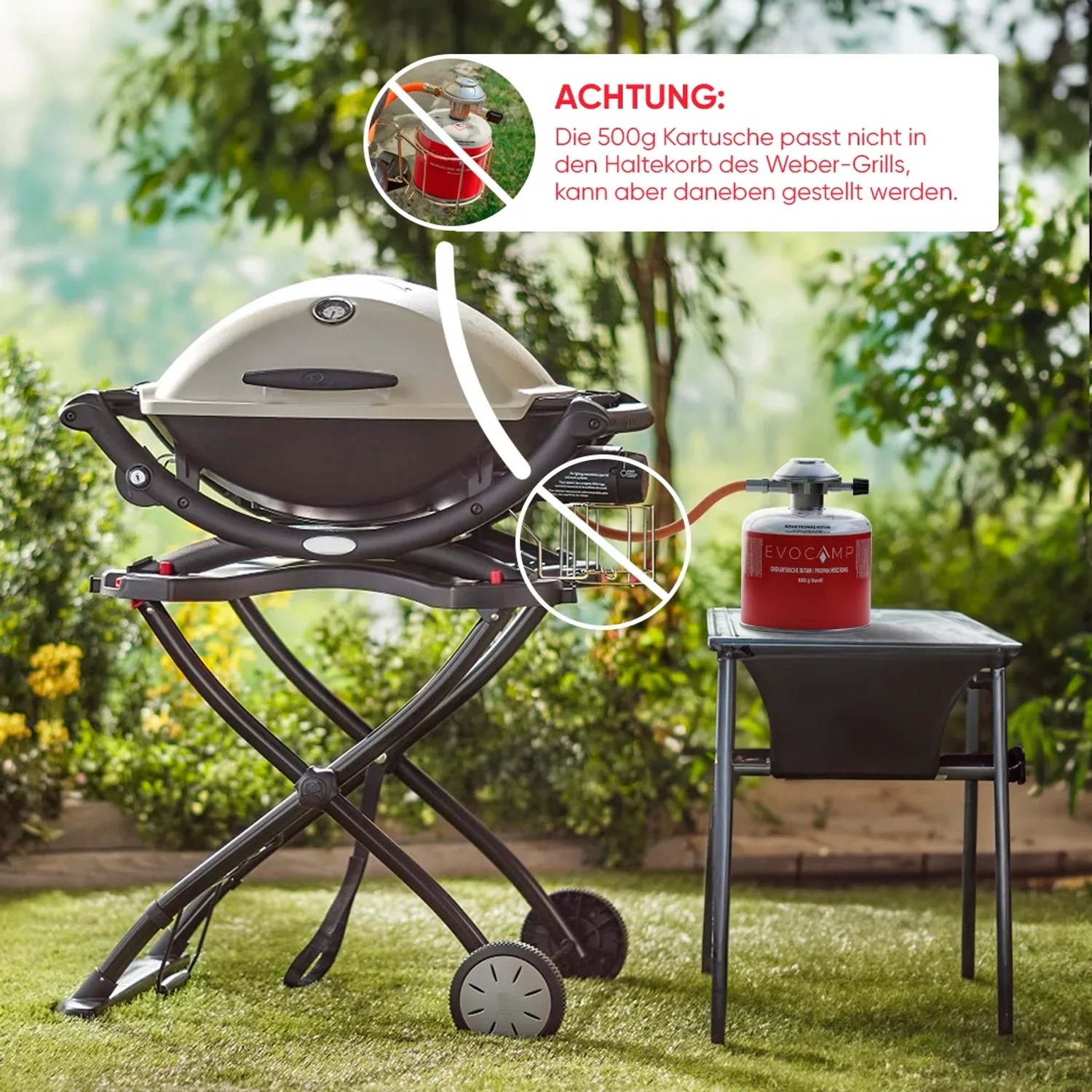 Evocamp Gaskartusche 500g neben Gasgrill, Hinweis zur Inkompatibilität mit Weber Grill.