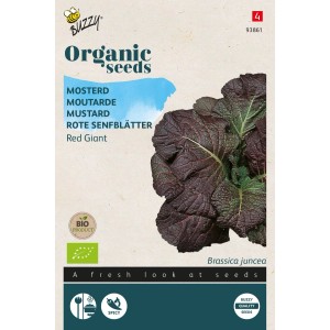 Buzzy Organic Roter Senf 'Red Giant' Samenpackung mit rot-grünen Blättern.