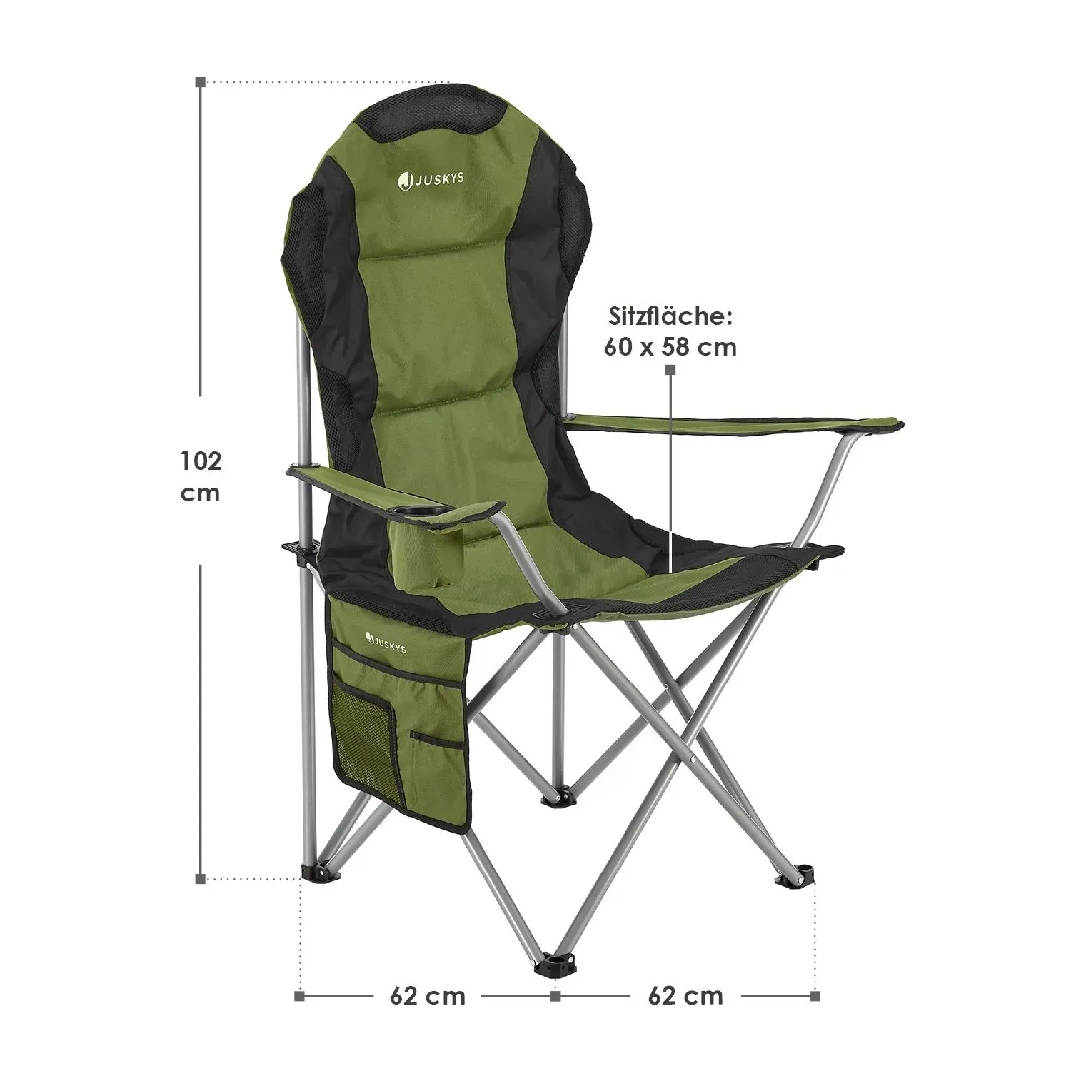 Juskys Campingstuhl Lido grün mit Getränkehalter und Tragetasche.