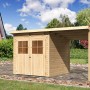 Unbehandeltes Karibu Holz-Gartenhaus Egersund mit Pultdach und Anbau. Naturholz mit Doppeltür und Fenster.