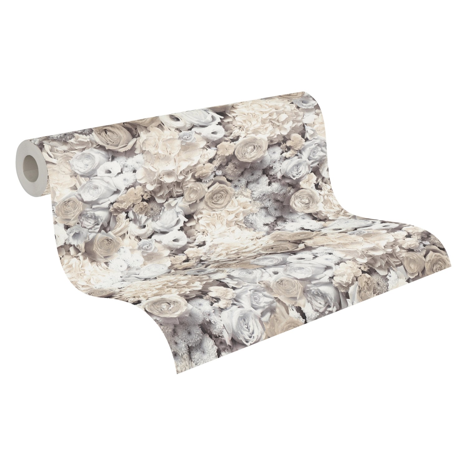 Vliestapete Trendwall 2 mit Blumenmuster in Grau, Beige und Creme.
