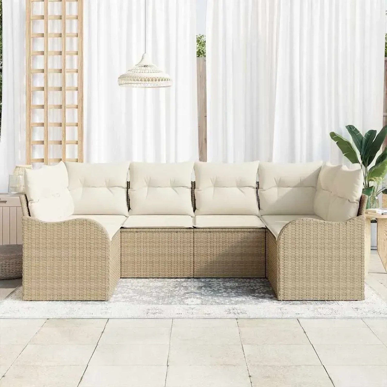 Beiges 6-tlg. vidaXL Garten-Sofa-Set aus Poly Rattan mit Kissen.