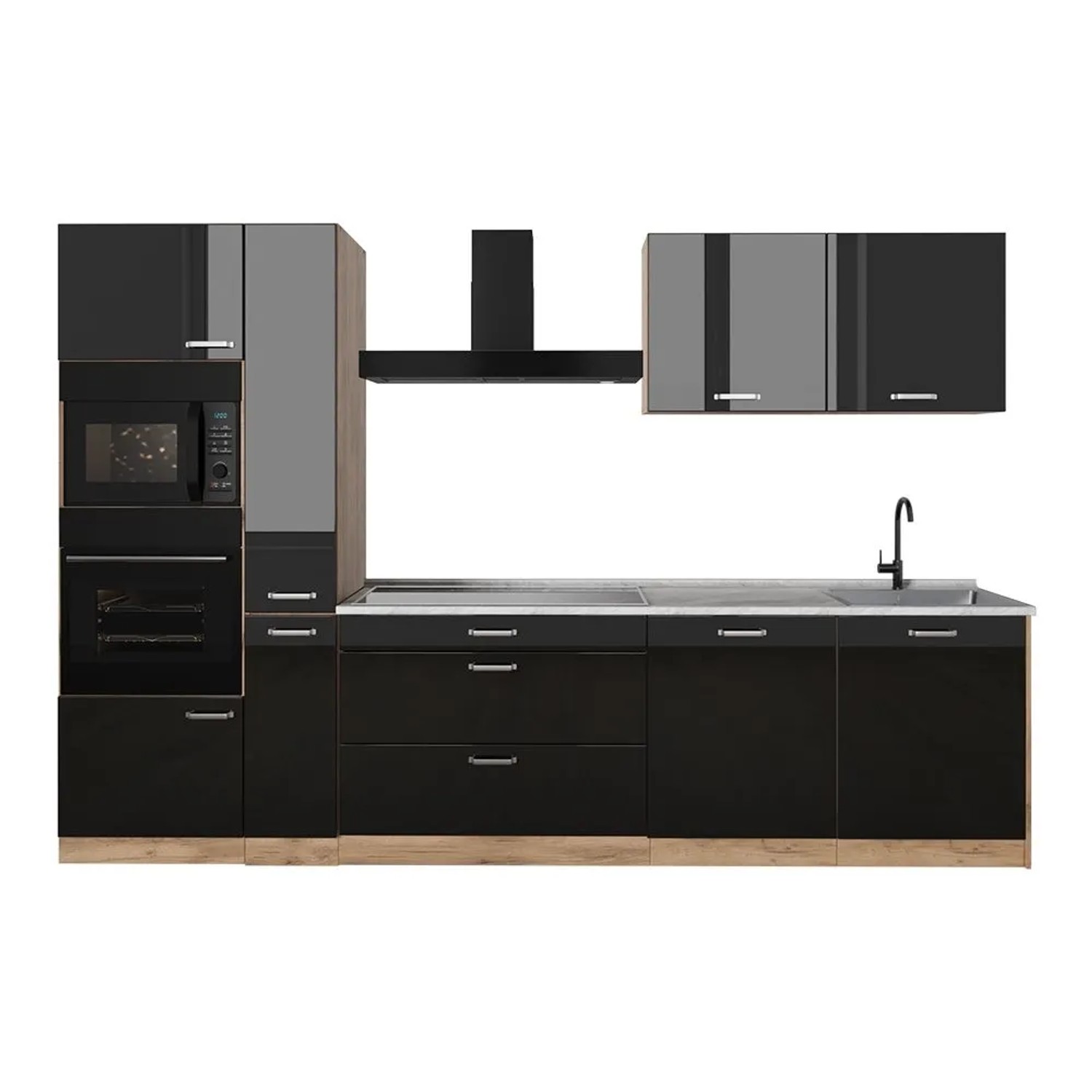 Vicco Küchenzeile R-Line Schwarz Hochglanz/Goldkraft Eiche 310 x 207 Arbeitsplatte Marmor Art Nr 66447