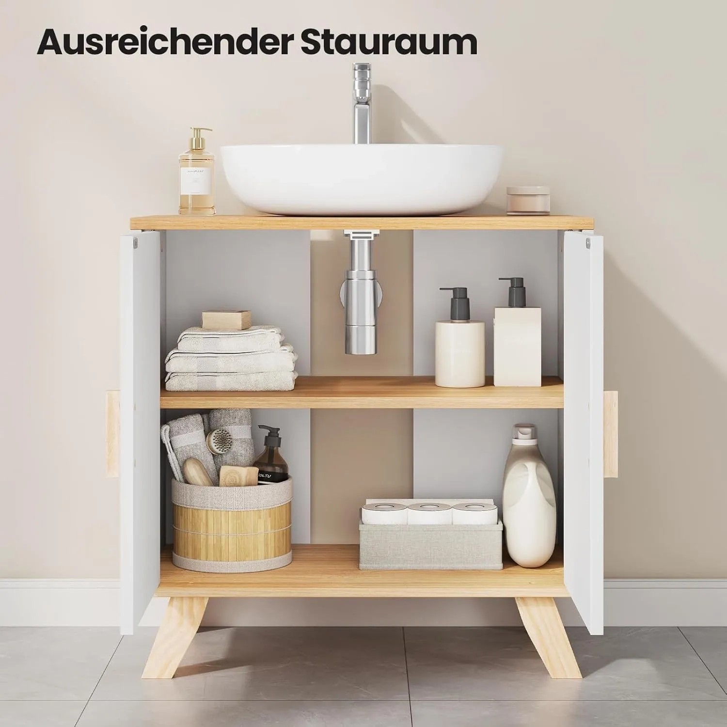 EUGAD Waschbeckenunterschrank weiß, 2 Türen offen, Holzoptik-Regale, viel Stauraum für Badartikel im Badezimmer.