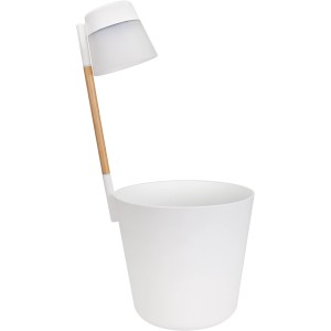 Weißer Elho Blumentopf mit Leuchte Flower Light und Holzständer.