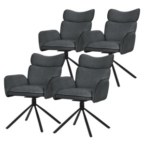 Vier anthrazitfarbene Esszimmerstühle mit Stoffbezug und 360° Drehfunktion. Modernes Design mit schwarzem Metallgestell.