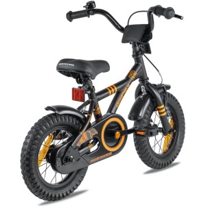 Schwarzes PROMETHEUS Kinderfahrrad, 12 Zoll, mit Stützrädern und Rücktrittbremse.