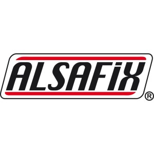 Alsafix Logo: Schwarzer Schriftzug in rotem, abgerundetem Rahmen. Hersteller von Tackerklammern.