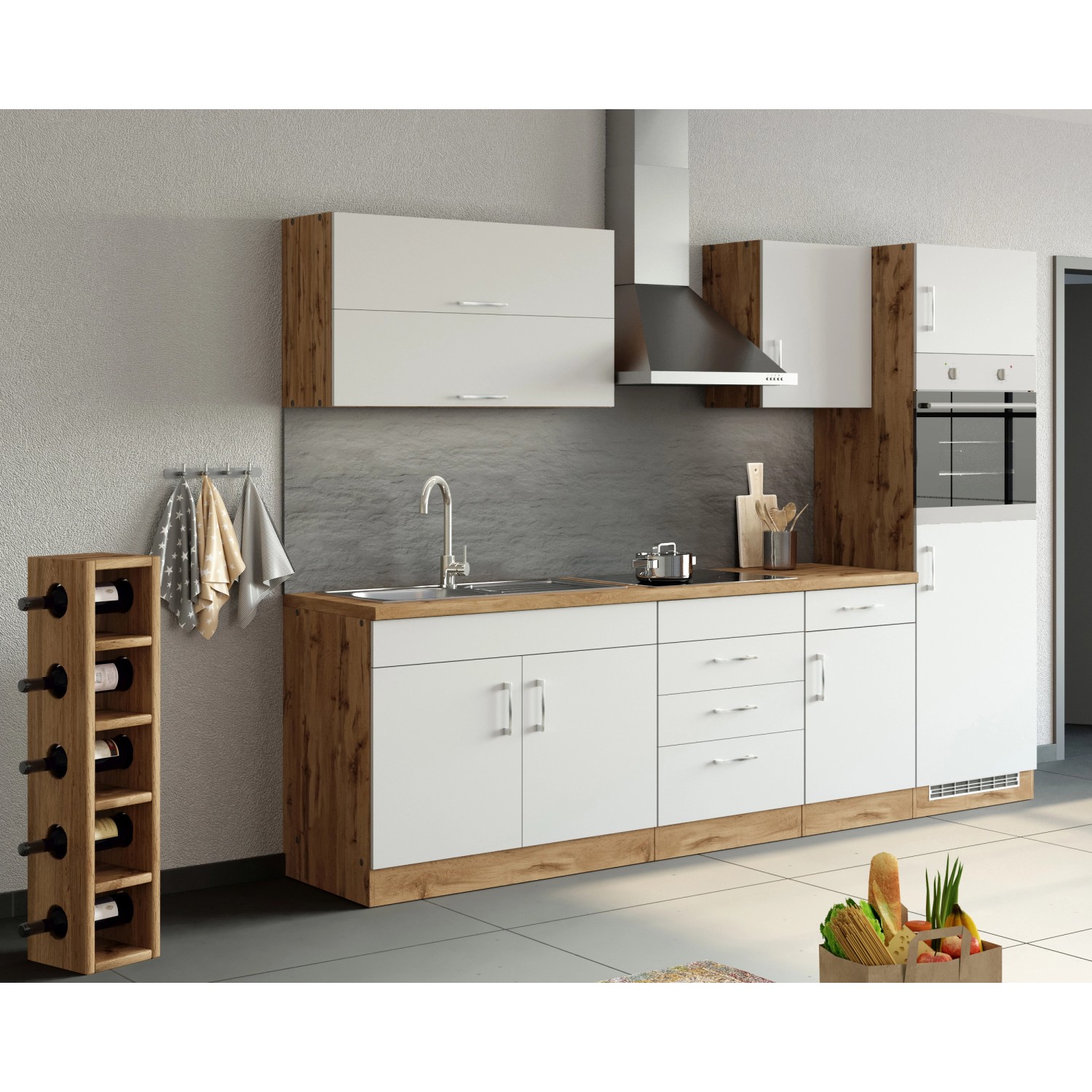 Küchenzeile Sorrento: Unterschrank in Weiß und Wotan-Eiche mit Schubladen und Elektro-Backofen.