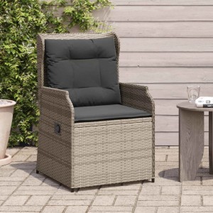 Graue vidaXL Poly-Rattan Gartenbank mit dunklen Kissen auf Terrasse. Verstellbarer Sessel für Gartenmöbel.