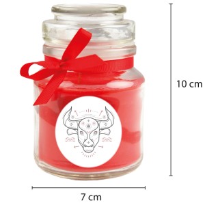 Duftkerze Stier im Glas mit rotem Wachs und Schleife, 30 Stunden Brenndauer.