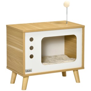 PawHut Katzenhaus im TV-Design mit Spielball und Kissen, idealer Katzenkorb.