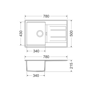 Technische Zeichnung der grauen Miló Einbauspüle Piatto 78 aus Granitverbundstoff mit Maßangaben.