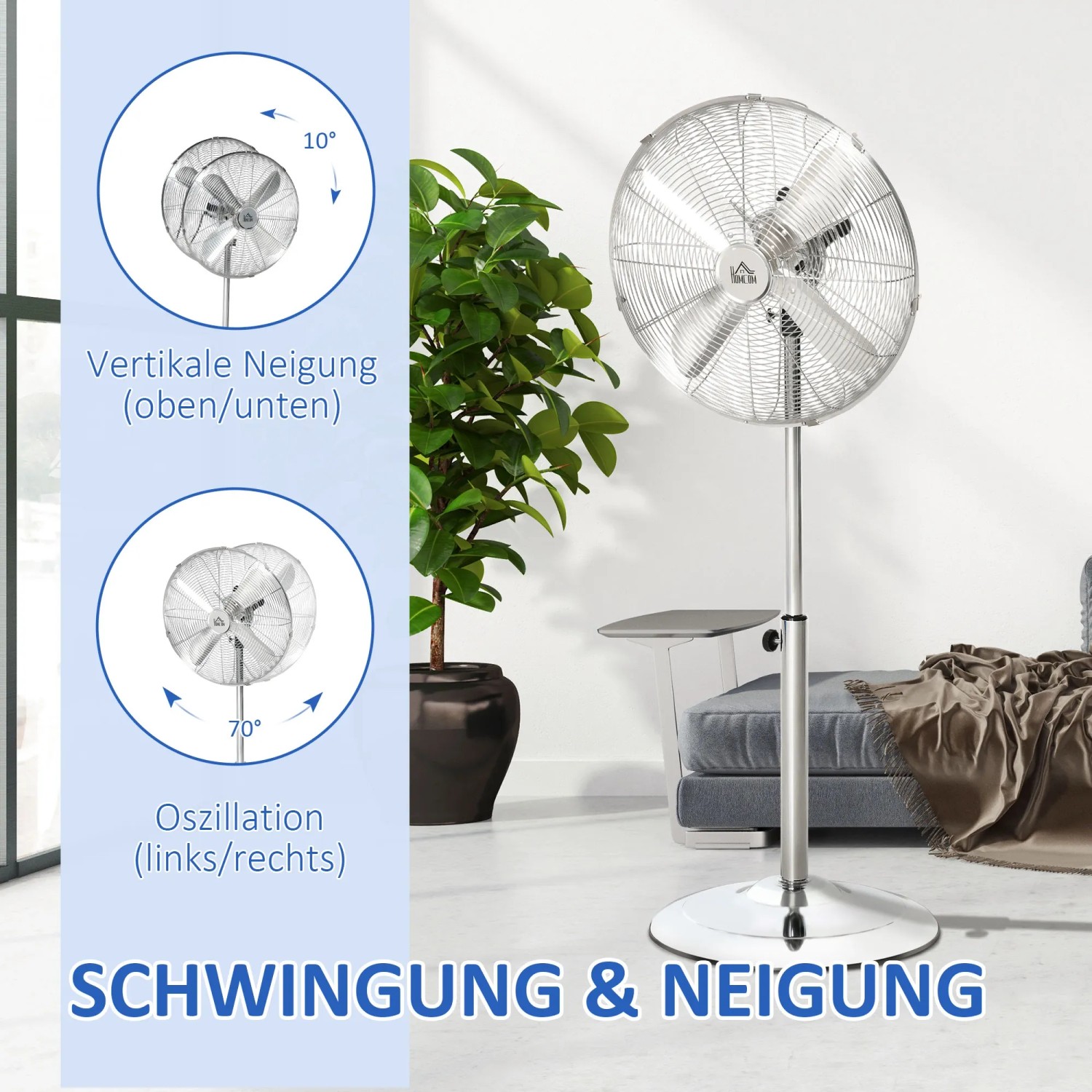 Silberner HOMCOM Standventilator aus Stahl, höhenverstellbar und oszillierend.
