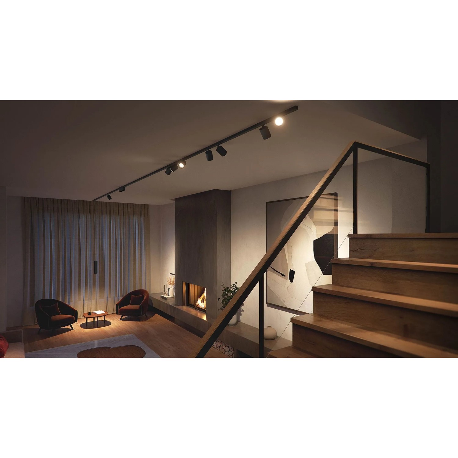 Schwarze Philips Hue Perifo LED-Spots an Schiene im Wohnraum mit Kamin und Treppe.